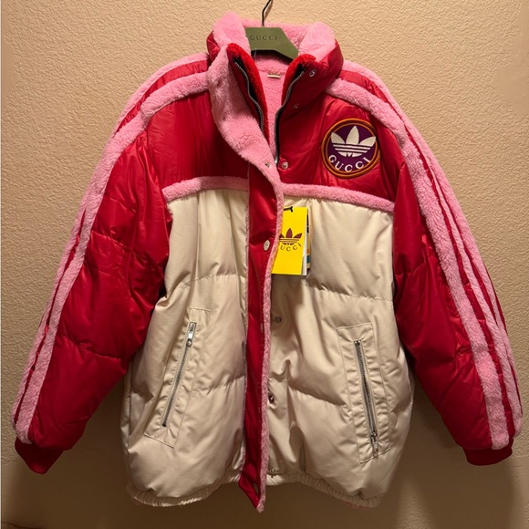 New Gucci x Adidas Logo Pink Puffer Fleece Double Sided Jacket Size 42 / US L - Picture 9 of 16